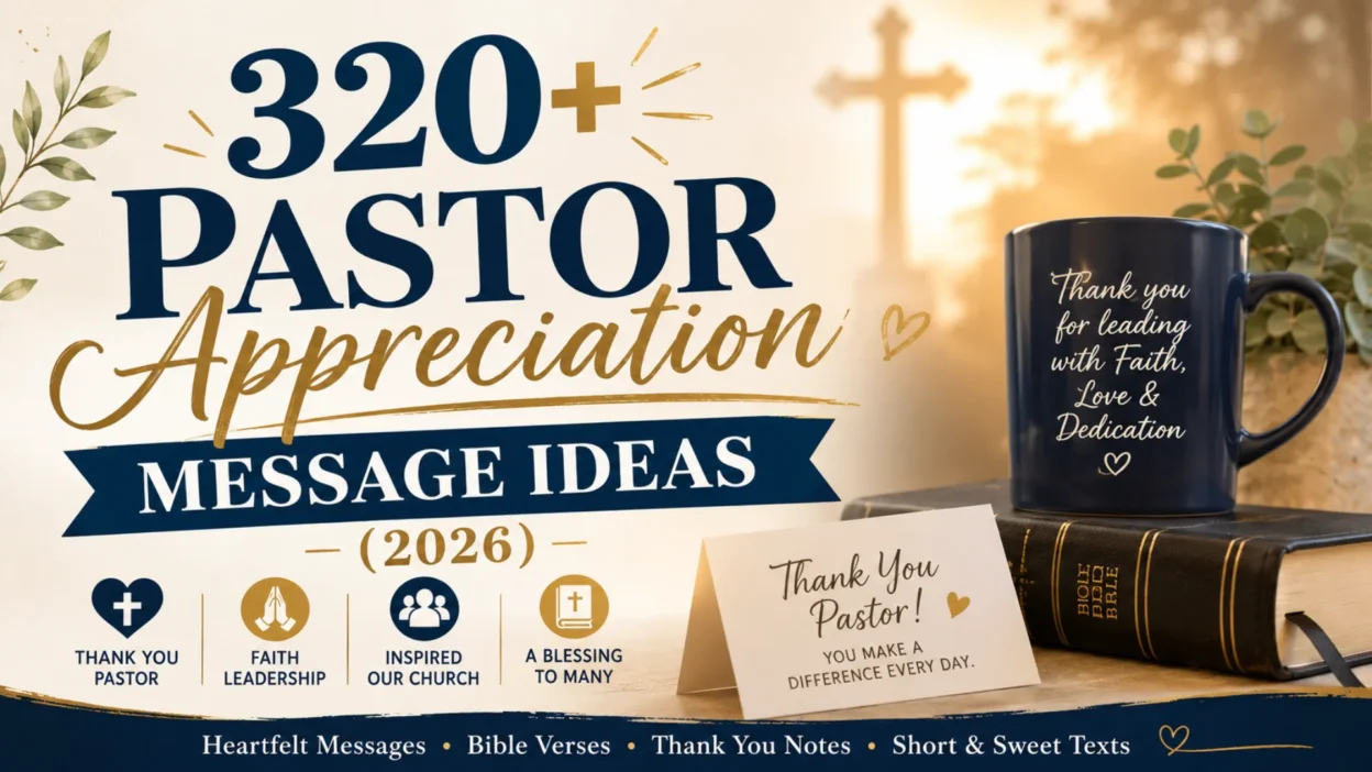 Pastor appreciation message ideas 2026 featured image with Bible, thank-you card, coffee mug, and church cross background