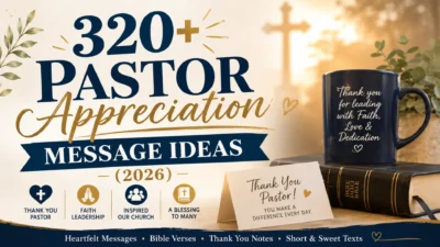 Pastor appreciation message ideas 2026 featured image with Bible, thank-you card, coffee mug, and church cross background