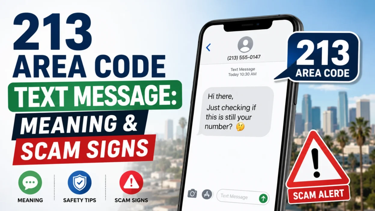 213 area code text message with scam warning, suspicious text, and Los Angeles phone graphic