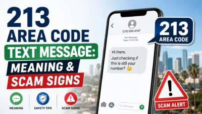 213 area code text message with scam warning, suspicious text, and Los Angeles phone graphic
