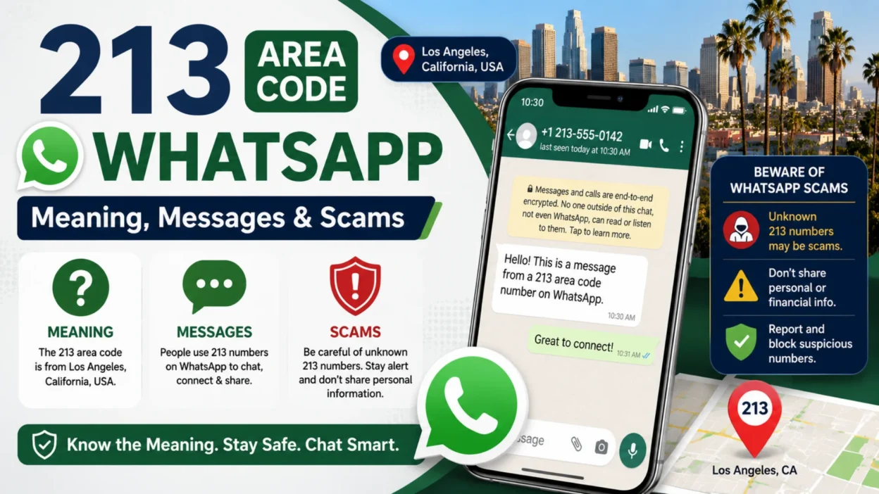 213 area code WhatsApp guide showing messages, Los Angeles location, and scam safety tips