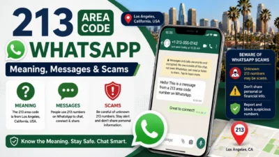 213 area code WhatsApp guide showing messages, Los Angeles location, and scam safety tips