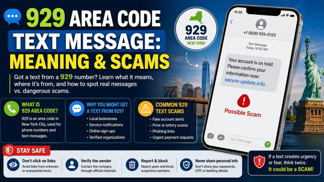 What is the 929 area code? Infographic showing New York area code coverage, key facts, and phone safety tips.