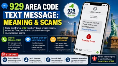 What is the 929 area code? Infographic showing New York area code coverage, key facts, and phone safety tips.