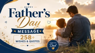 Happy Father's Day featured image with father and son at sunset, celebrating 258+ heartfelt wishes and quotes