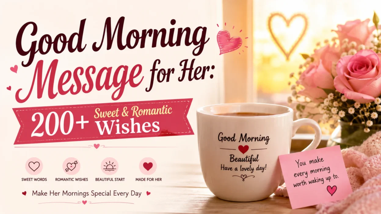 Good morning message for her with sweet and romantic wishes, roses, coffee, and heartfelt note