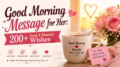 Good morning message for her with sweet and romantic wishes, roses, coffee, and heartfelt note