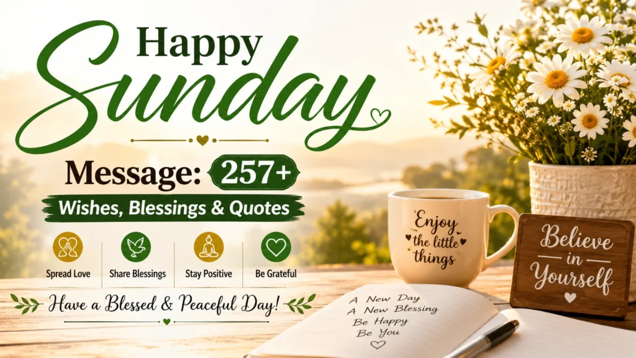 Happy Sunday message banner with 257+ wishes, blessings, and quotes featuring flowers, coffee, and a peaceful sunrise