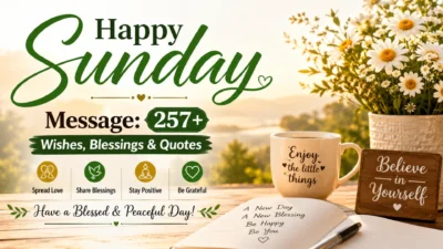 Happy Sunday message banner with 257+ wishes, blessings, and quotes featuring flowers, coffee, and a peaceful sunrise