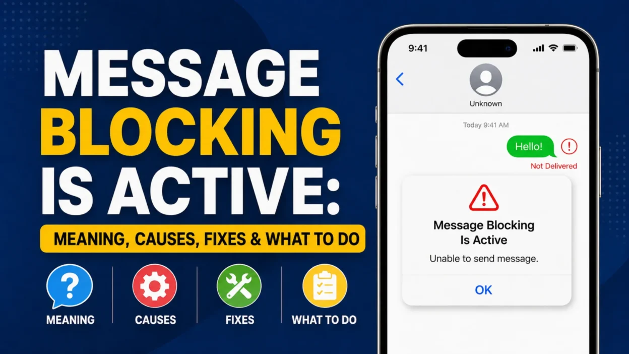 Message blocking is active error displayed on a smartphone with causes, fixes, and troubleshooting tips