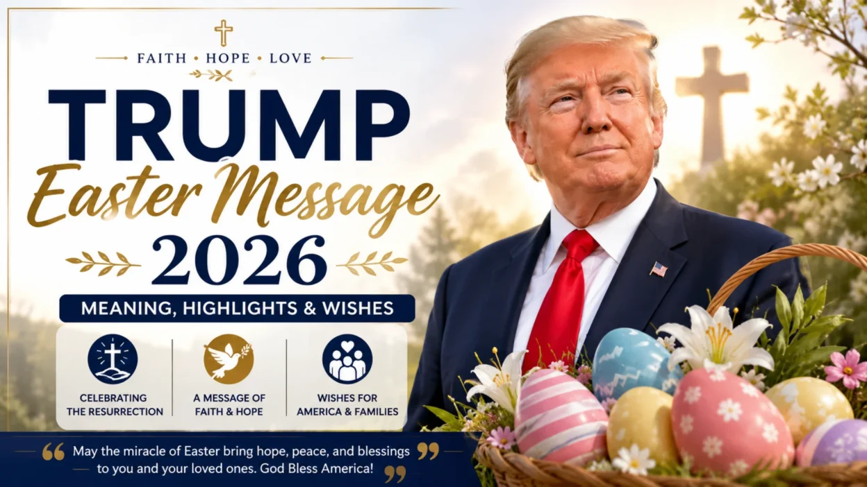 Trump Easter Message 2026 with Easter eggs, flowers, cross, faith, hope, and family wishes