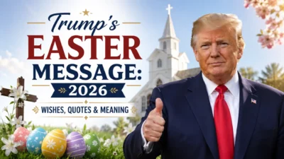 Trump giving a thumbs-up with Easter 2026 message text, church, cross, flowers, and colorful Easter eggs in spring.