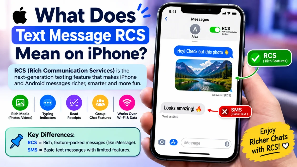 What does text message RCS mean on iPhone with RCS features and chat example