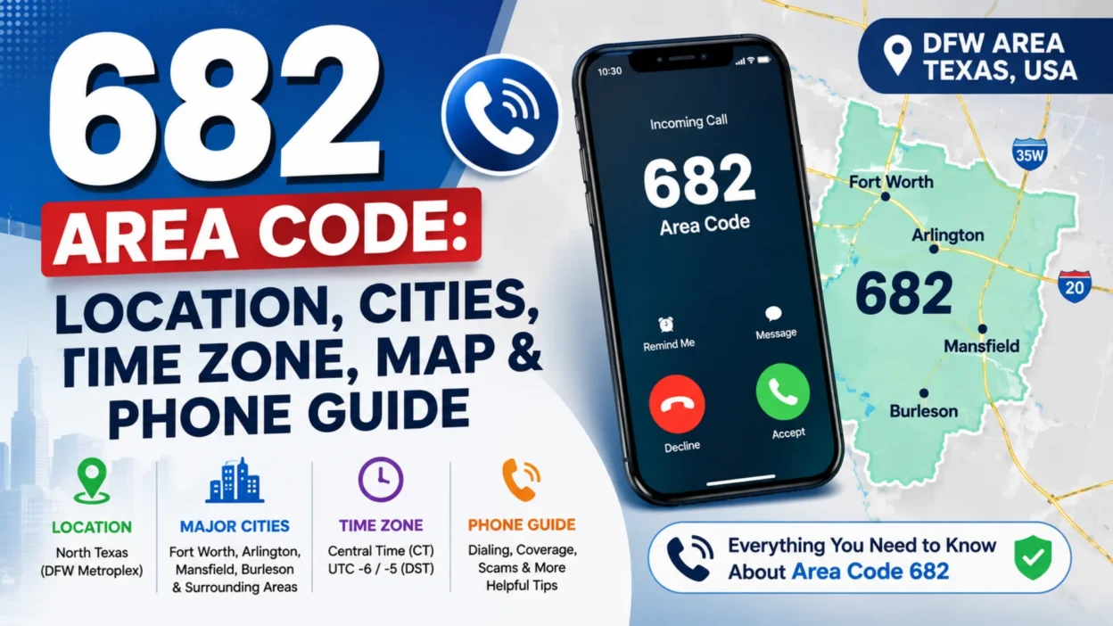 682 area code map showing Texas location, major cities, Central Time Zone, and phone guide with coverage details.
