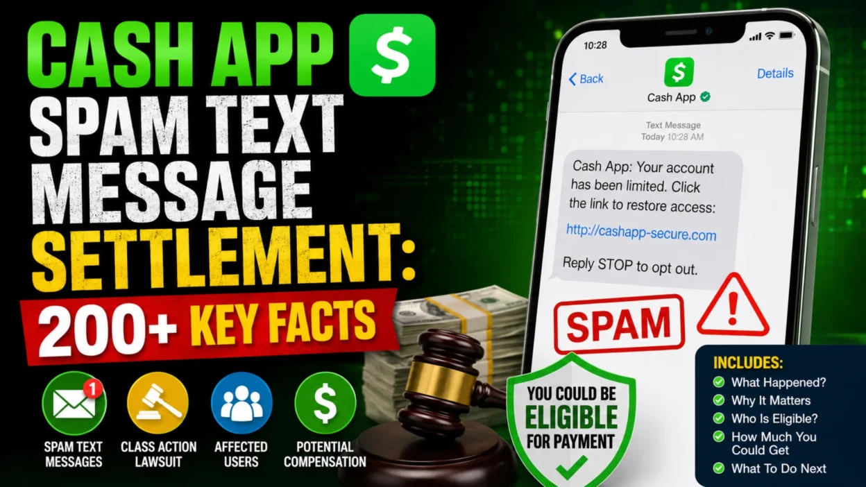 Cash App spam text message settlement guide showing scam text, legal gavel, payment eligibility, and 200+ key facts