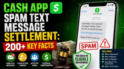 Cash App spam text message settlement guide showing scam text, legal gavel, payment eligibility, and 200+ key facts
