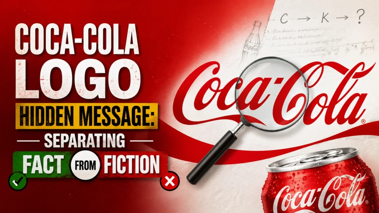Coca-Cola logo hidden message graphic with magnifying glass, fact versus fiction, and red Coca-Cola can