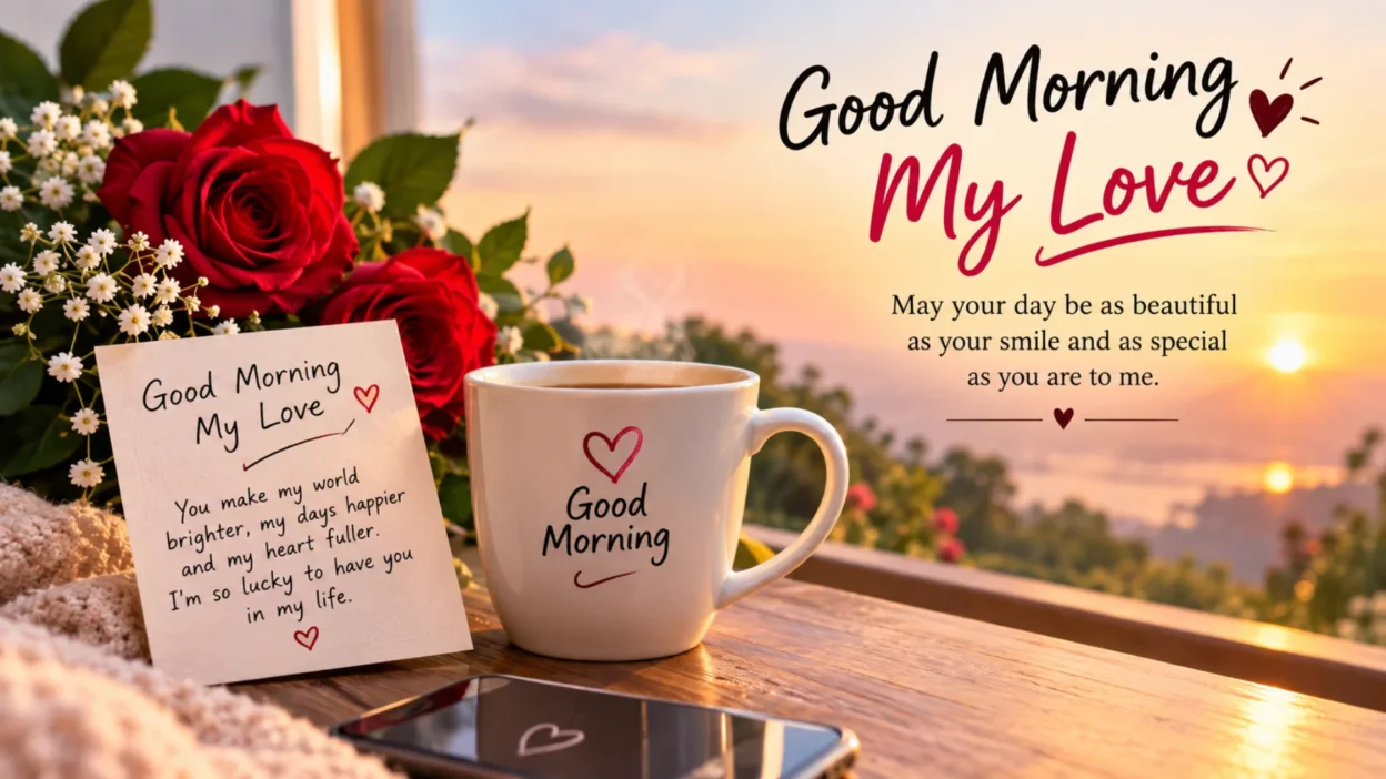 Good morning love message with red roses, coffee, and a romantic sunrise greeting