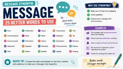 Message synonyms infographic featuring 25 better words to use in writing and communication