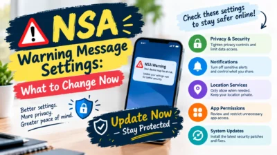 NSA warning message settings with privacy, notifications, location, app permissions, and security updates
