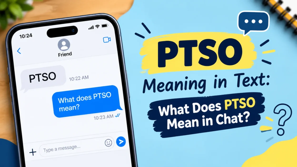 PTSO meaning in text explained with a smartphone chat conversation and messaging infographic.