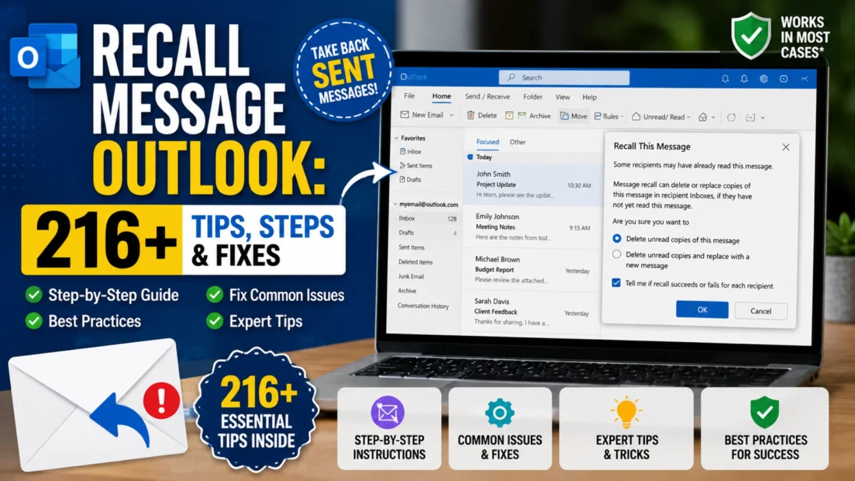Recall Message in Outlook guide showing email recall steps, fixes, expert tips, and Outlook recall message feature