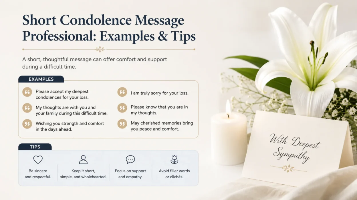 Professional short condolence messages with sympathy examples, tips, candle, and white lily flower