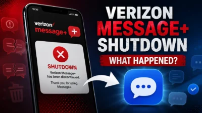 Verizon Message+ shutdown announcement showing discontinued messaging app and migration to a new messaging service
