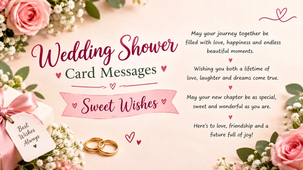 Elegant wedding shower card with sweet wishes, pink roses, wedding rings, and heartfelt messages