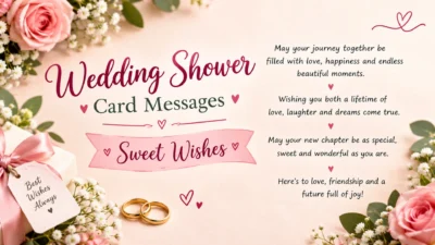 Elegant wedding shower card with sweet wishes, pink roses, wedding rings, and heartfelt messages