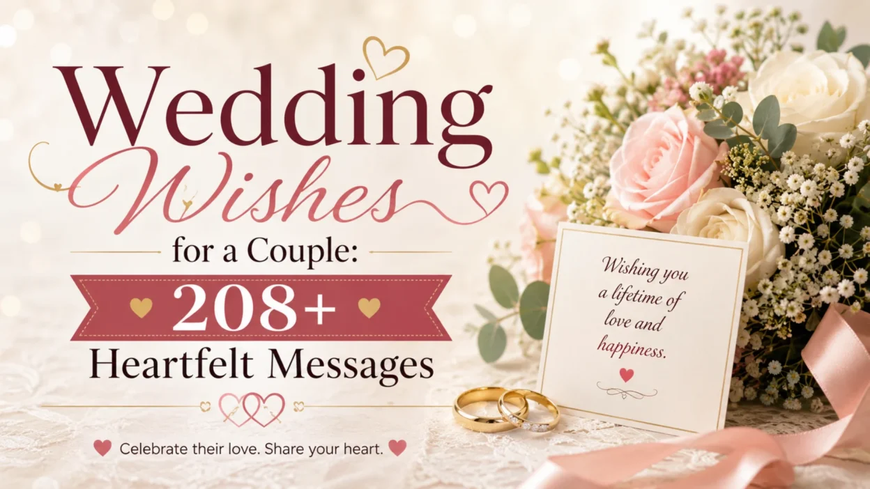 Wedding wishes for a couple with romantic roses, wedding rings, and heartfelt messages