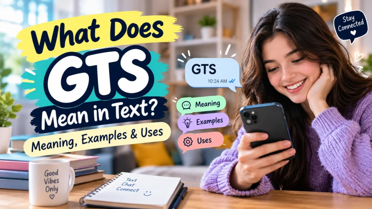 What Does GTS Mean in Text? Illustration showing a person texting with GTS meaning, examples, and uses on a smartphone