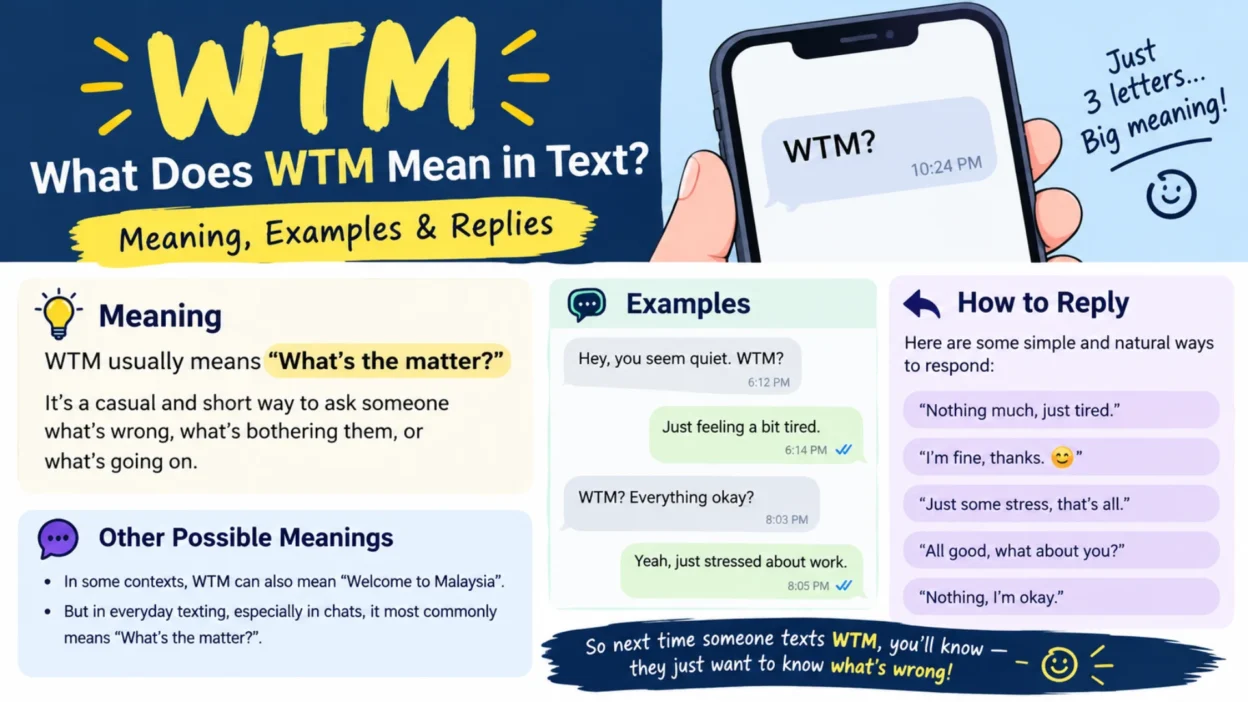 WTM meaning in text with examples and casual replies shown in a modern messaging infographic