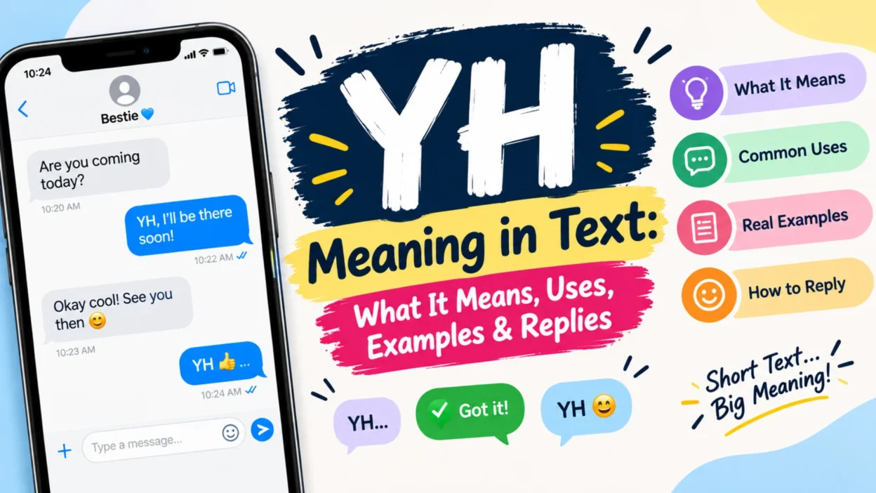 YH meaning in text with common uses, examples, and replies shown in a smartphone chat