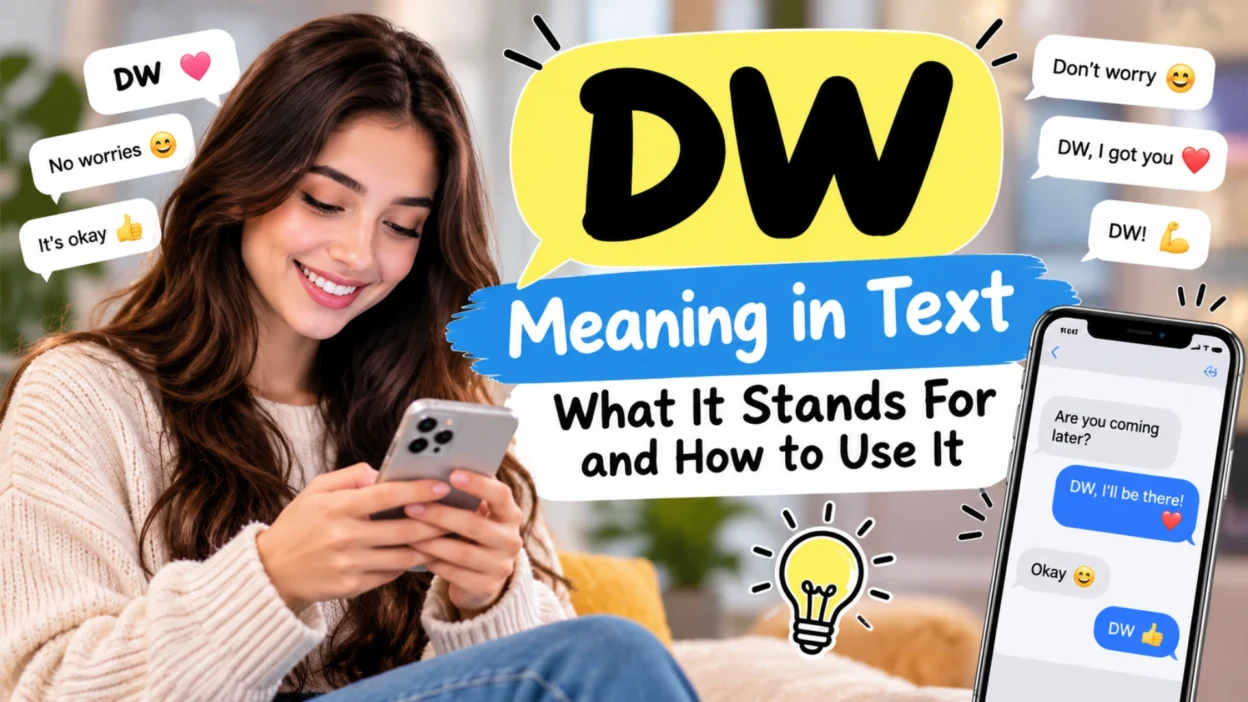 DW meaning in text explained with messaging examples, chat bubbles, and a woman texting on her phone.