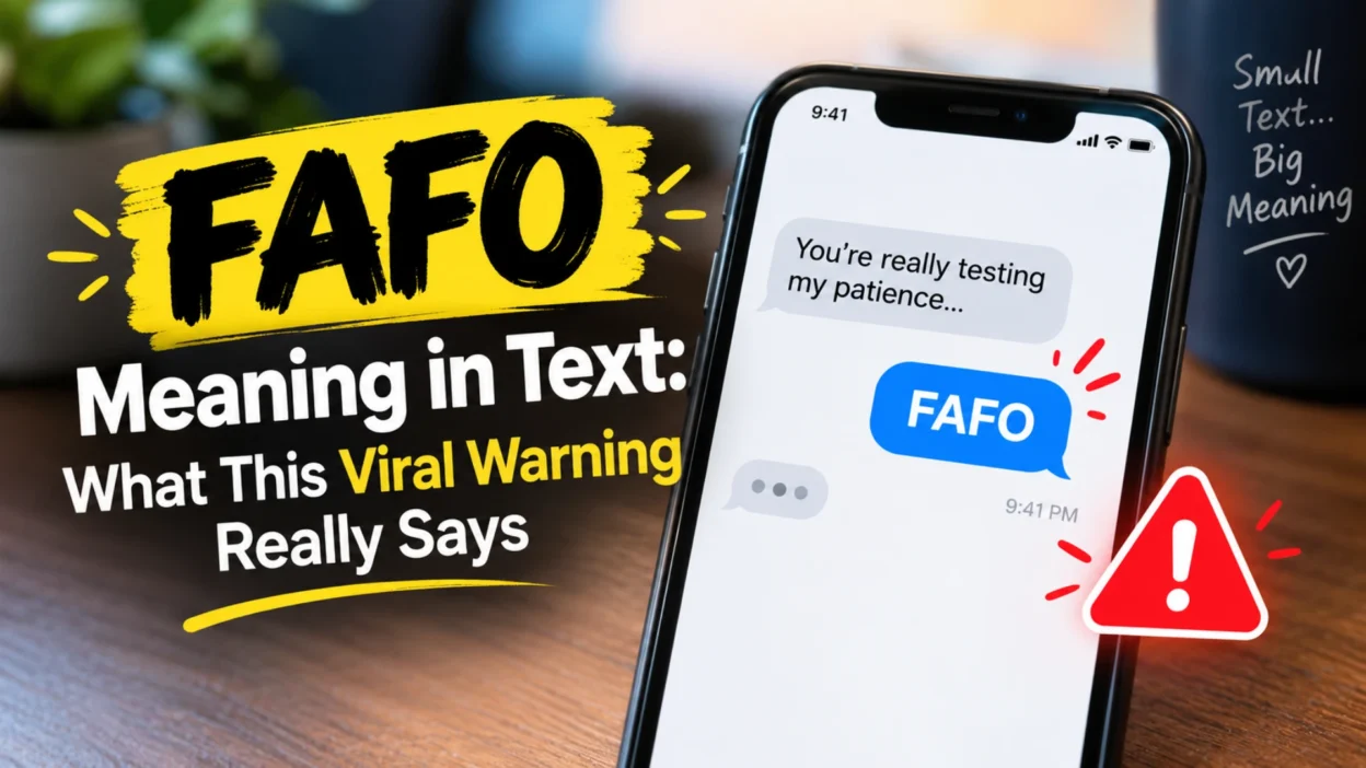 FAFO meaning in text shown on a phone with a warning message and bold viral slang graphic