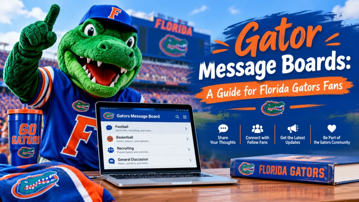 Gator message boards guide for Florida Gators fans featuring a cheering alligator mascot, laptop, and fan community.