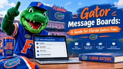 Gator message boards guide for Florida Gators fans featuring a cheering alligator mascot, laptop, and fan community.