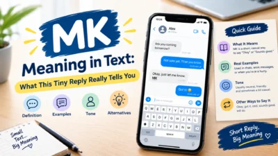MK meaning in text shown on a smartphone with examples, tone, and quick reply guide