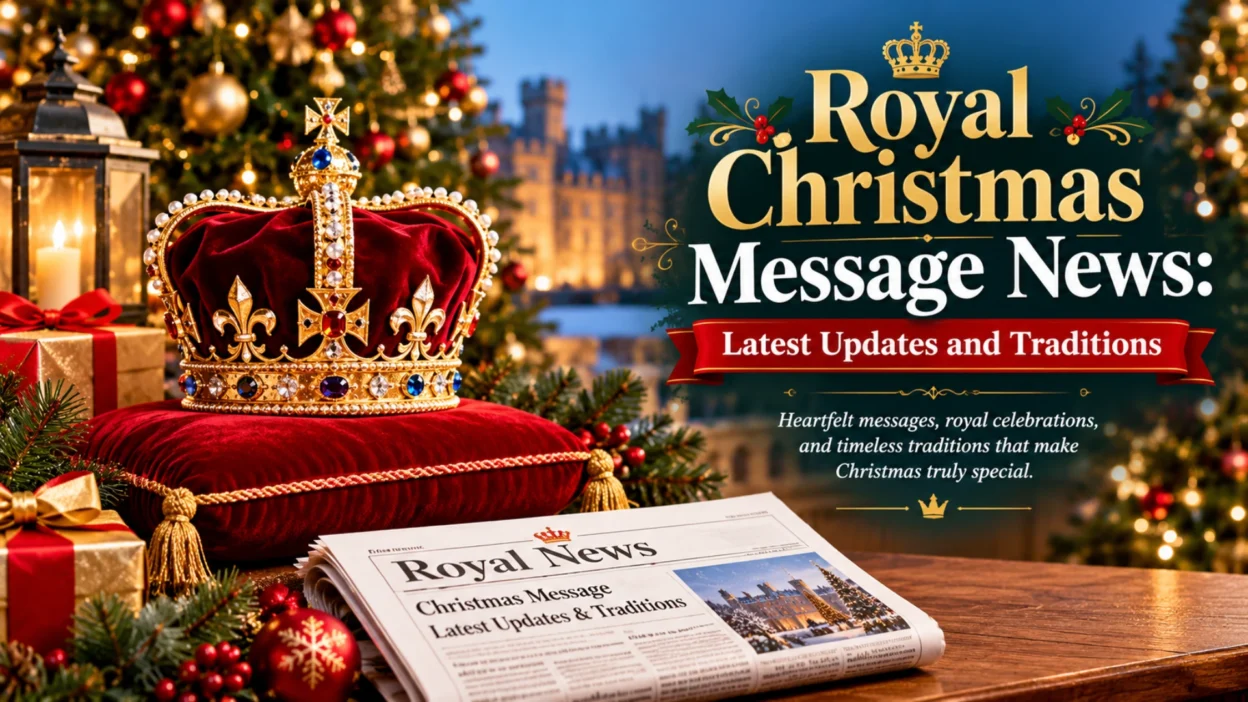 Royal Christmas message news with a jeweled crown, festive decorations, and royal Christmas traditions.