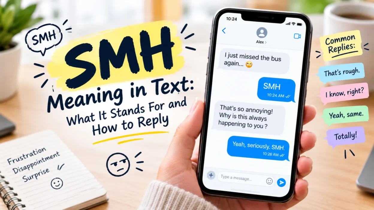 SMH meaning in text explained with smartphone chat examples and common replies like “That’s rough” and “I know, right?”