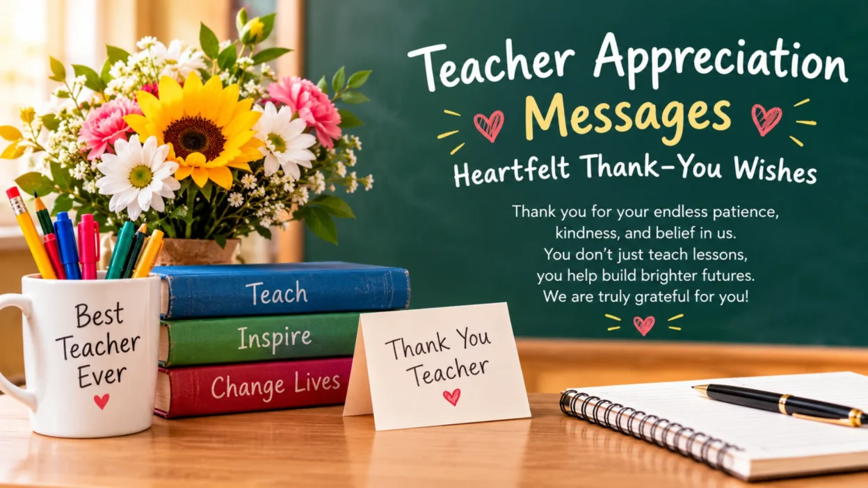 Teacher appreciation messages with heartfelt thank-you wishes, flowers, books, and a teacher thank-you card.