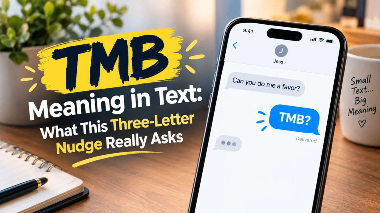 TMB meaning in text shown on a smartphone with a casual message and three-letter slang graphic