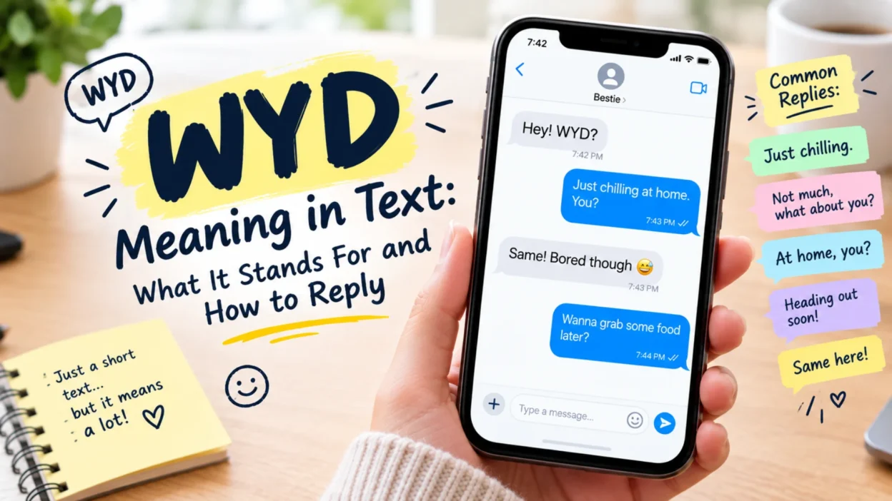 WYD meaning in text explained with smartphone chat examples and common replies like “Just chilling” and “Not much, what about you?”