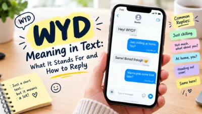 WYD meaning in text explained with smartphone chat examples and common replies like “Just chilling” and “Not much, what about you?”